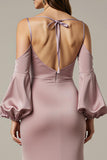 Robe longue formelle en satin sirène rose clair avec manches