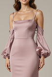 Robe longue formelle en satin sirène rose clair avec manches