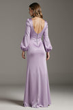 Robe longue formelle à manches fourreau en satin violet clair