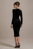 Robe de cocktail mi-longue moulante à col en V en velours noir avec manches