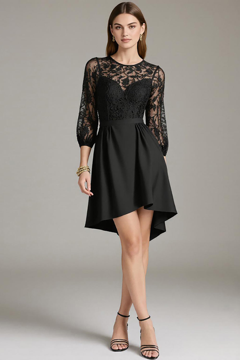 Dentelle noire Une ligne Robe de cocktail courte à col rond avec manches