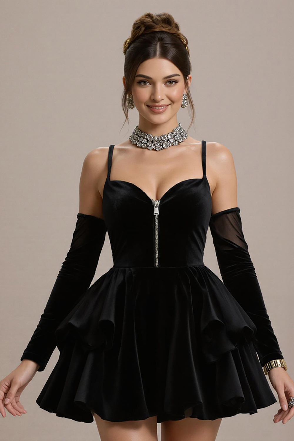 Robe de cocktail courte à volants en velours noir à volants