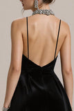 Simple Velours Noir Une Ligne Spaghetti Bretelles Robe De Cocktail Courte Avec Dentelle