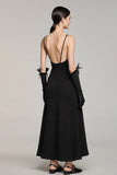 Robe longue formelle longue en satin noir à bretelles spaghetti