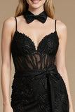 Corset noir à bretelles spaghetti florales Robe de cocktail courte trapèze