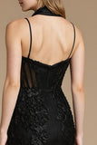Corset noir à bretelles spaghetti florales Robe de cocktail courte trapèze