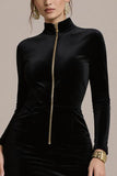 Robe de cocktail courte moulante moulante en velours noir avec manches