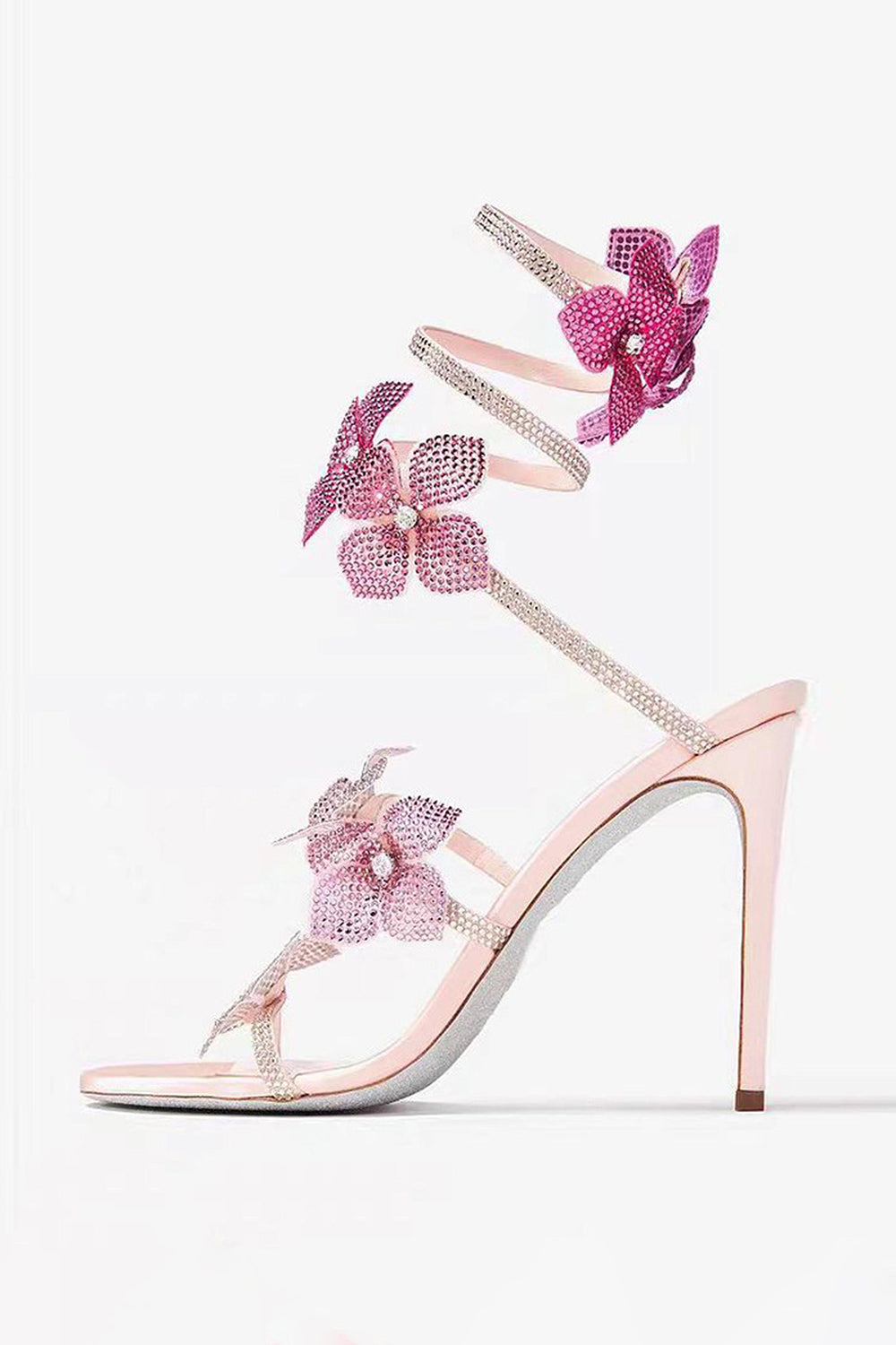 Sandales à talons aiguilles perlées roses scintillantes avec fleurs 3D