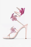 Sandales à talons aiguilles perlées roses scintillantes avec fleurs 3D
