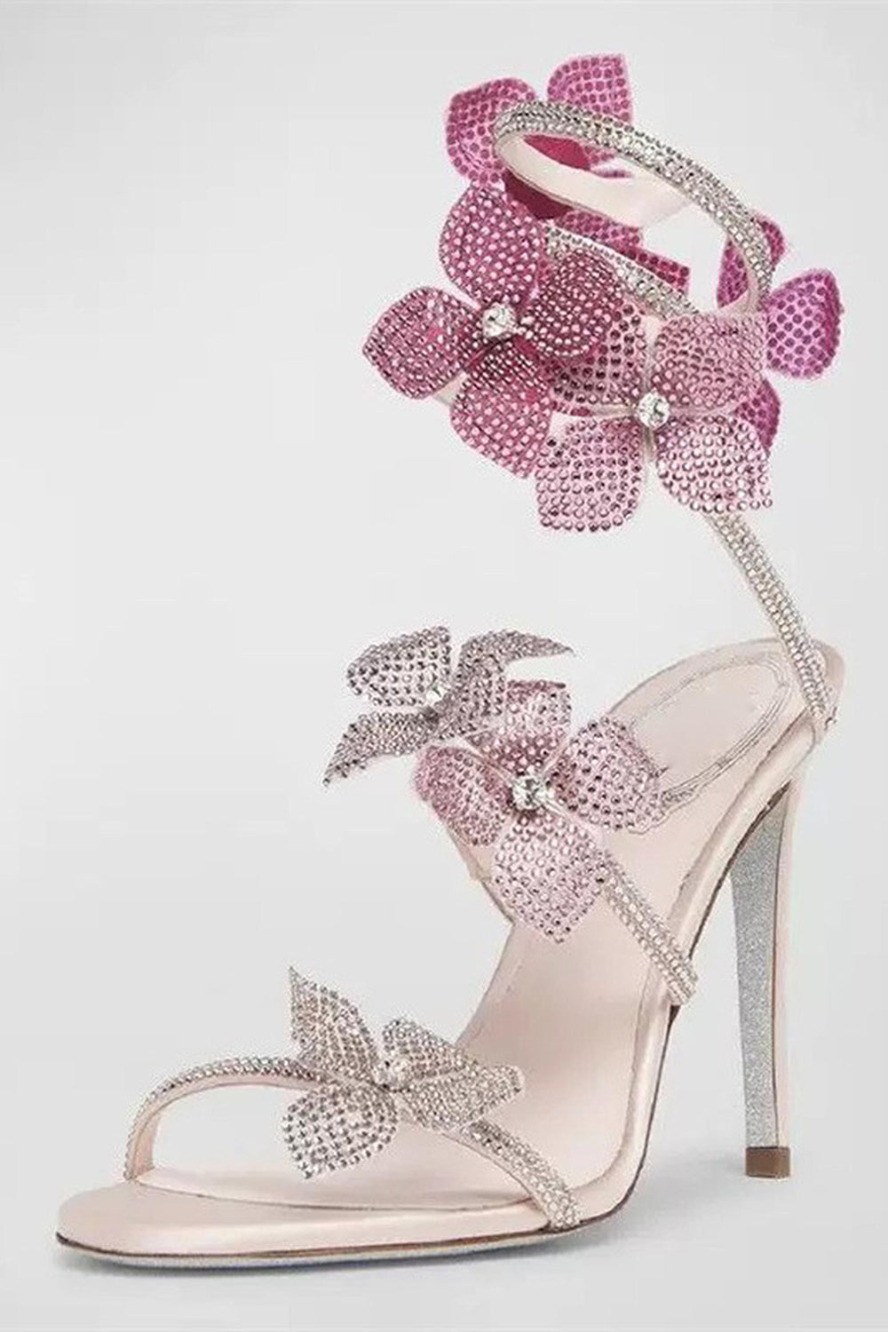 Sandales à talons aiguilles perlées roses scintillantes avec fleurs 3D