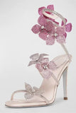 Sandales à talons aiguilles perlées roses scintillantes avec fleurs 3D
