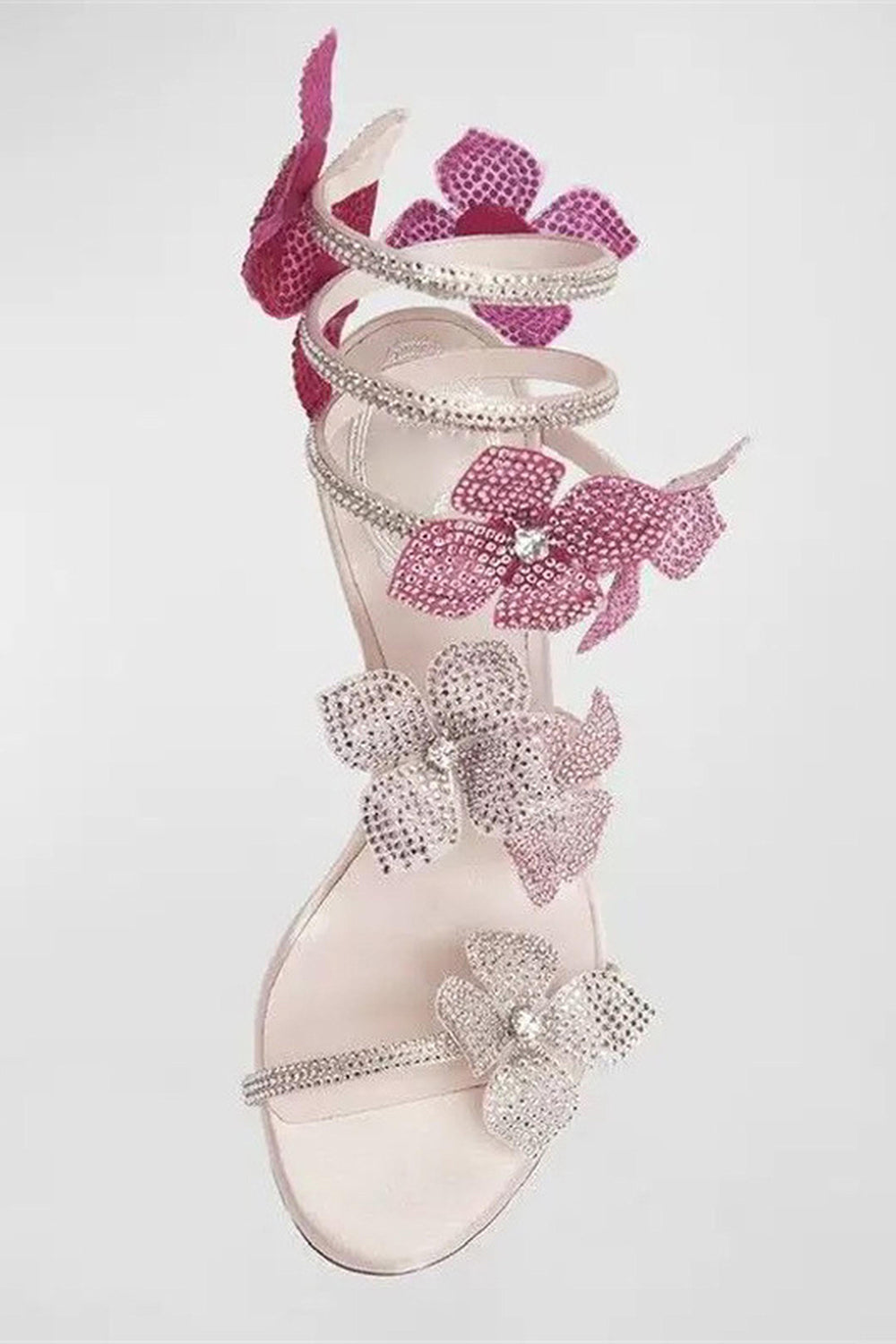 Sandales à talons aiguilles perlées roses scintillantes avec fleurs 3D