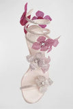 Sandales à talons aiguilles perlées roses scintillantes avec fleurs 3D