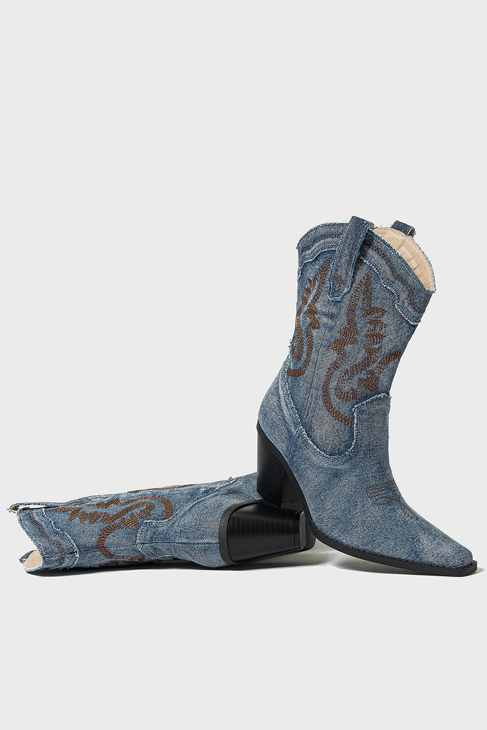 Bleu foncé veau large à bout pointu Talon épais Bottes de cow-girl brodées