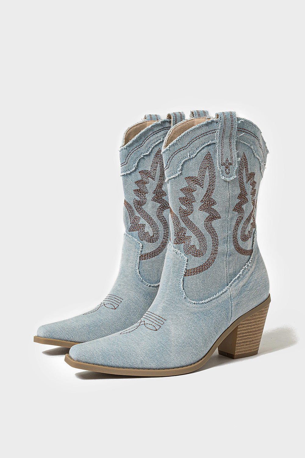 Bleu foncé veau large à bout pointu Talon épais Bottes de cow-girl brodées