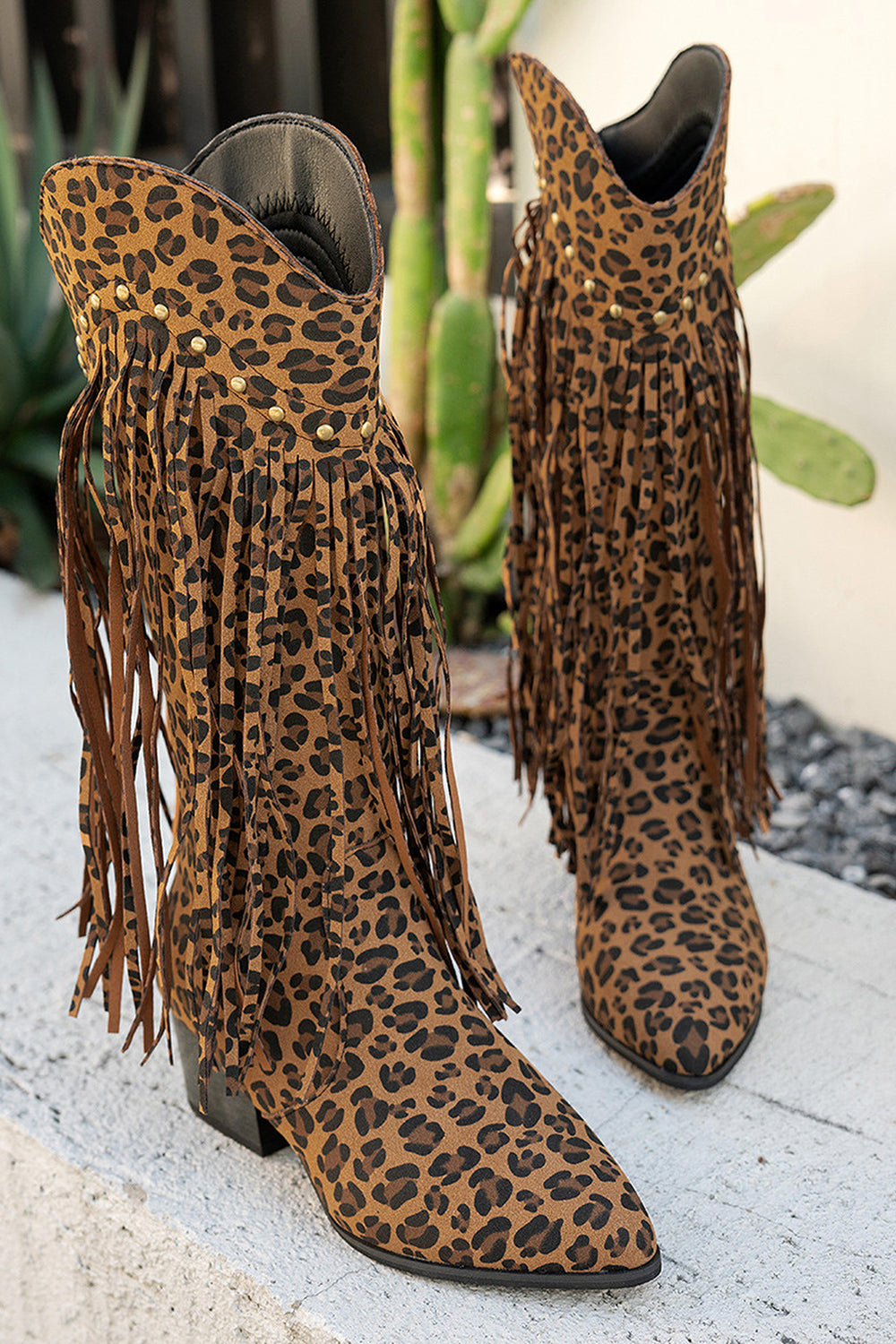 Bottes de cow-girl à talons larges léopard marron avec franges
