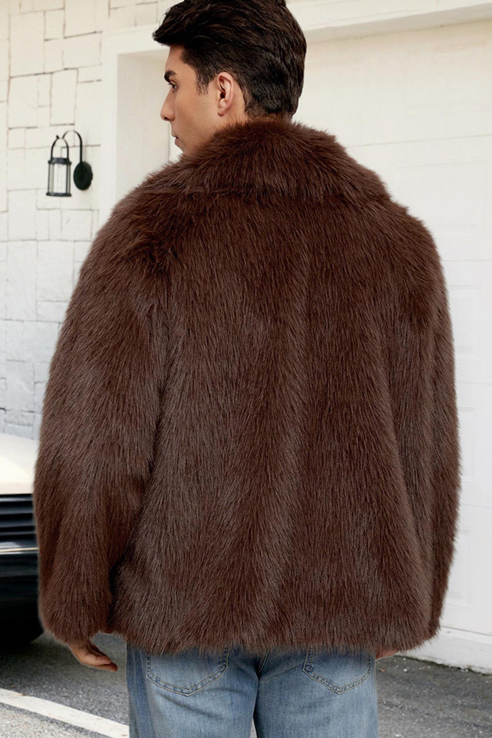 Manteau d’hiver court en fausse fourrure moelleuse noire pour hommes