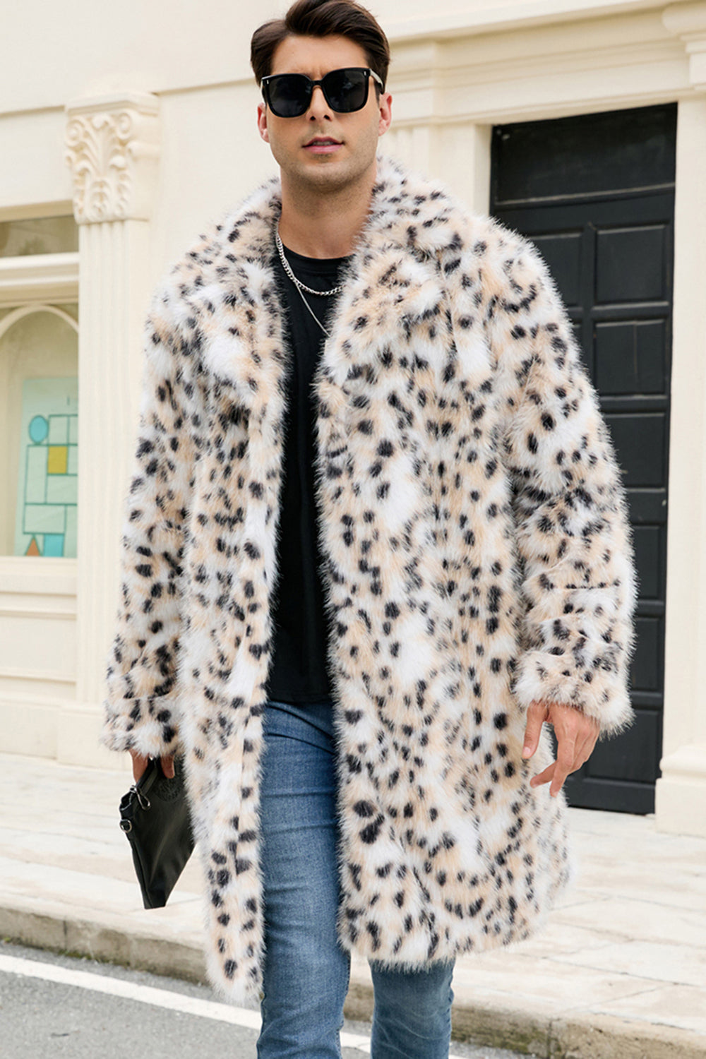 Léopard blanc revers cranté long manteau d’hiver en fausse fourrure pour hommes