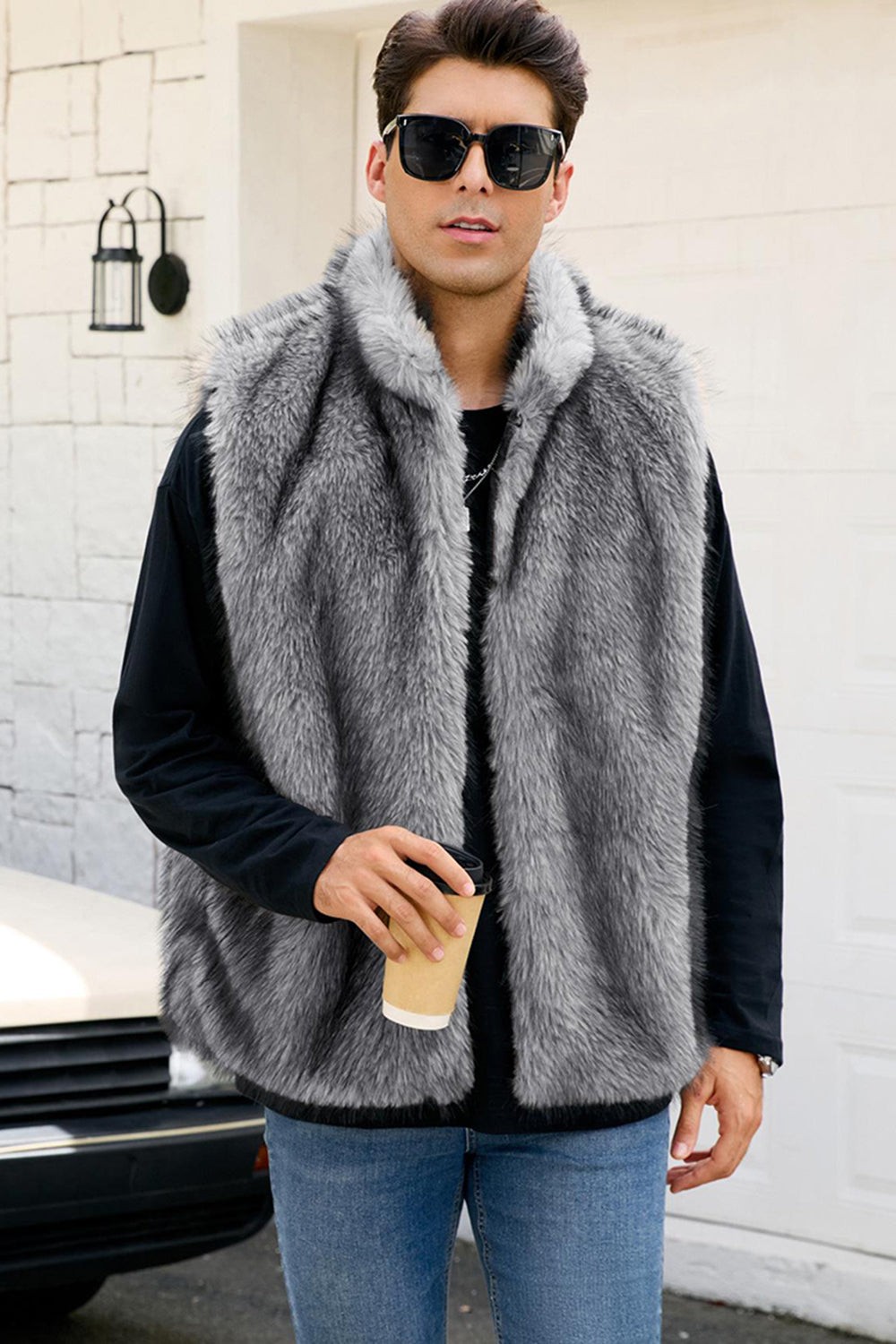 Gilet d’hiver en fausse fourrure gris clair pour hommes