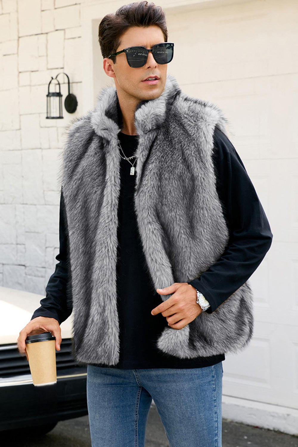 Gilet d’hiver en fausse fourrure gris clair pour hommes