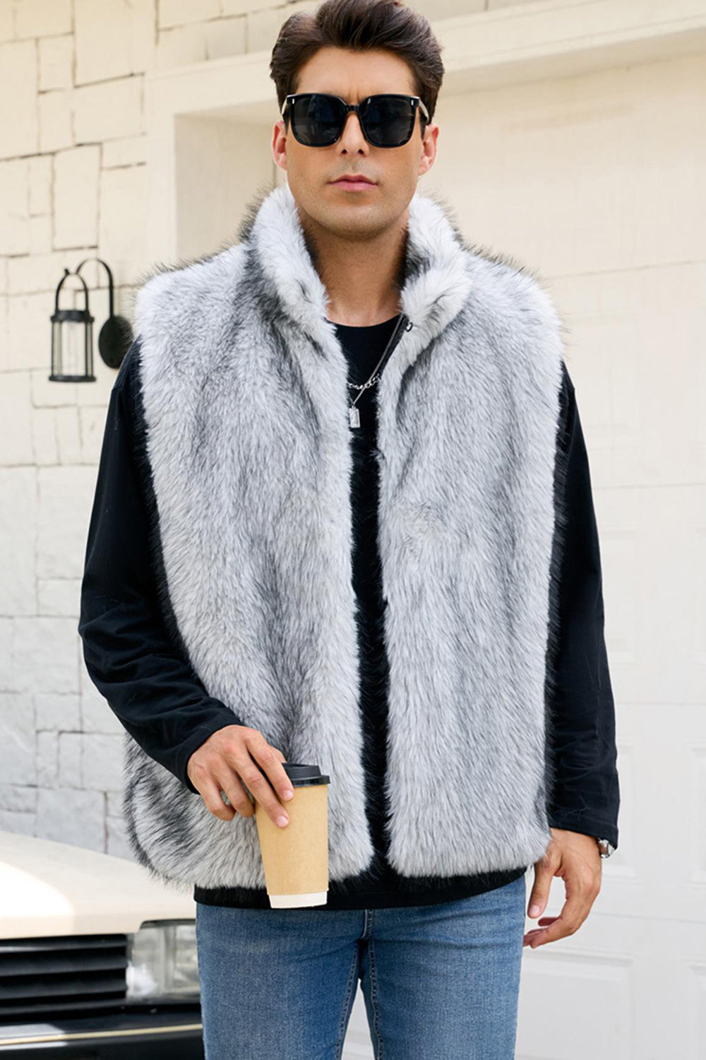 Gilet d’hiver en fausse fourrure gris clair pour hommes