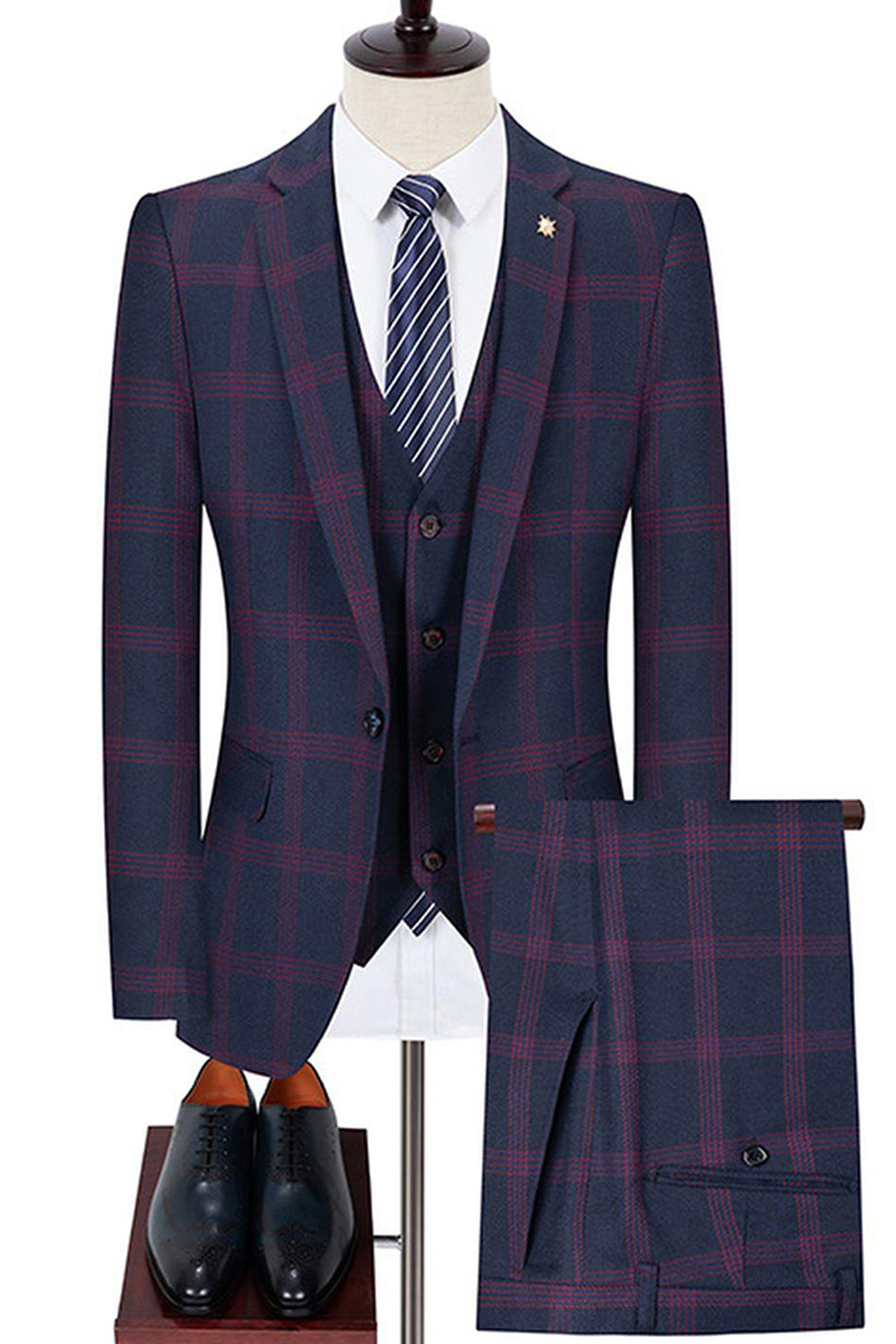 Bleu revers cranté slim fit Plaid hommes costumes