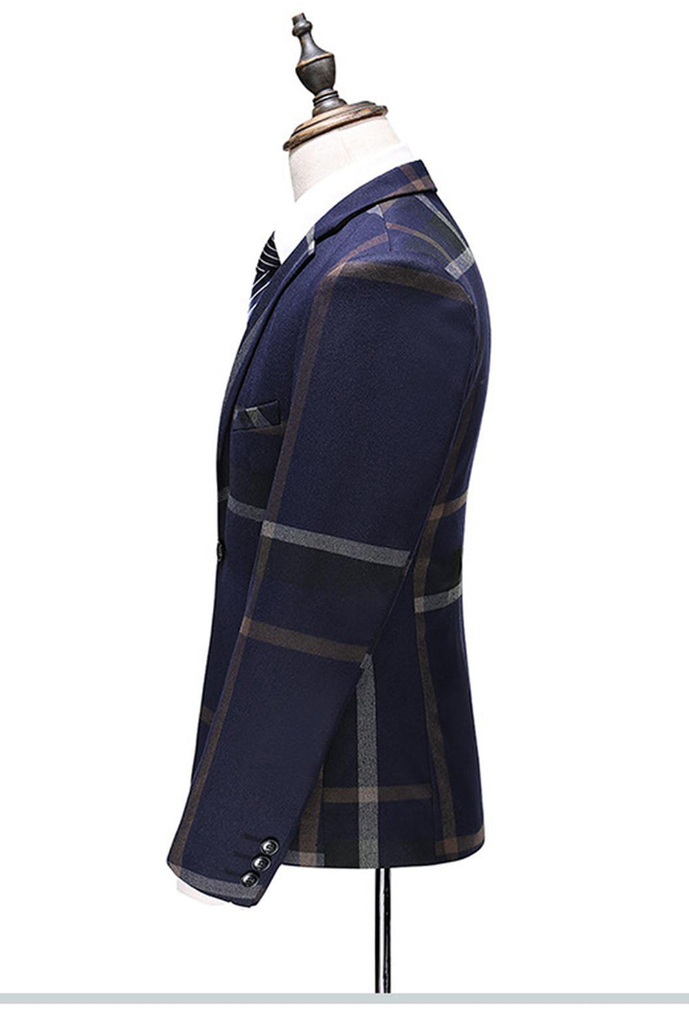 Bleu foncé revers cranté plaid 3 pièces costumes hommes