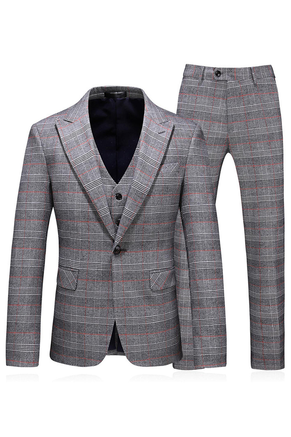 Hommes Gris Plaid Peak Lapel 3 Pièces Costumes de bal