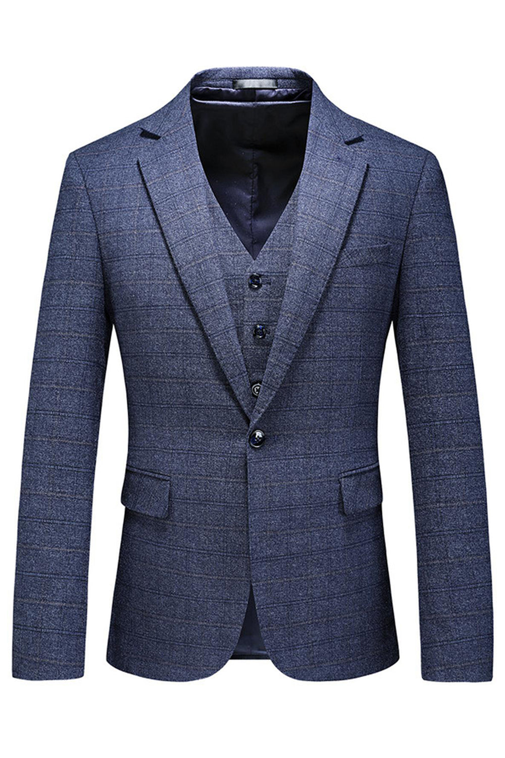 Hommes Bleu foncé à carreaux crantés revers 3 pièces Costumes de bal