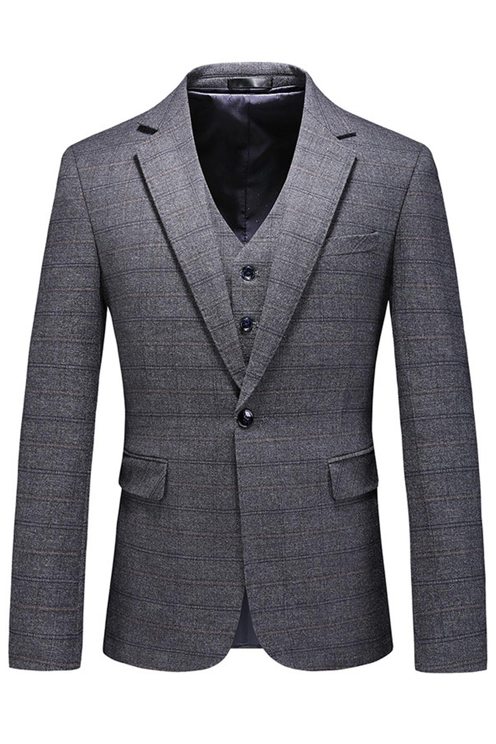 Hommes Bleu foncé à carreaux crantés revers 3 pièces Costumes de bal