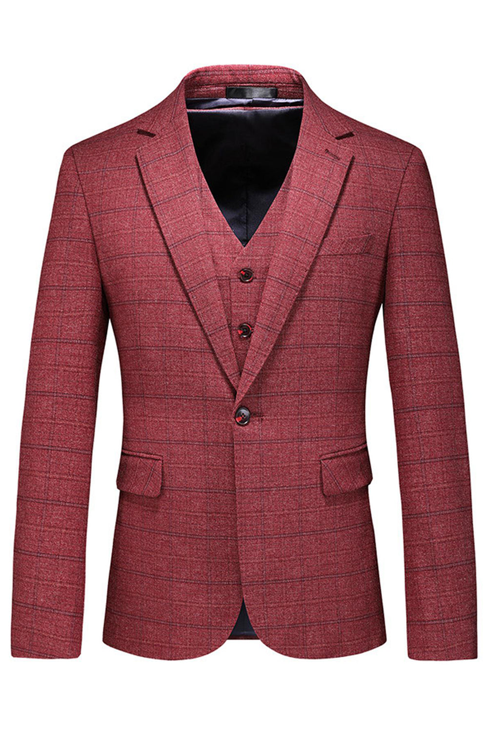 Hommes Bleu foncé à carreaux crantés revers 3 pièces Costumes de bal