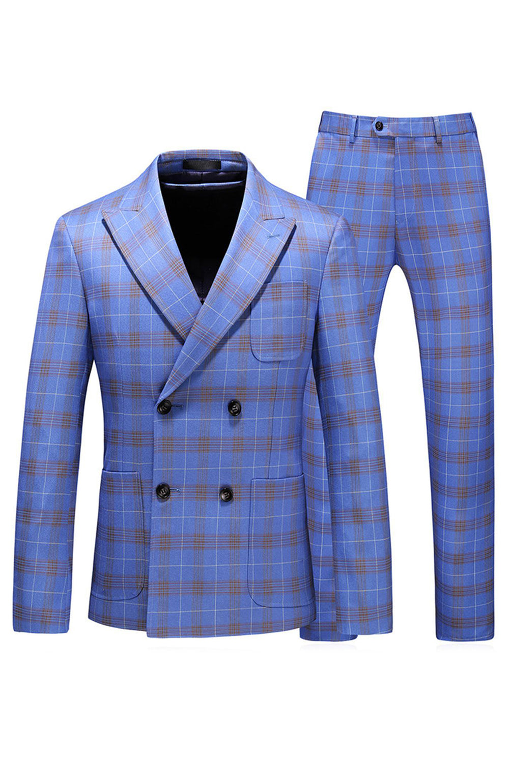 Bleu Plaid Peak Lapel 2 Pièces Tailleurs de bal
