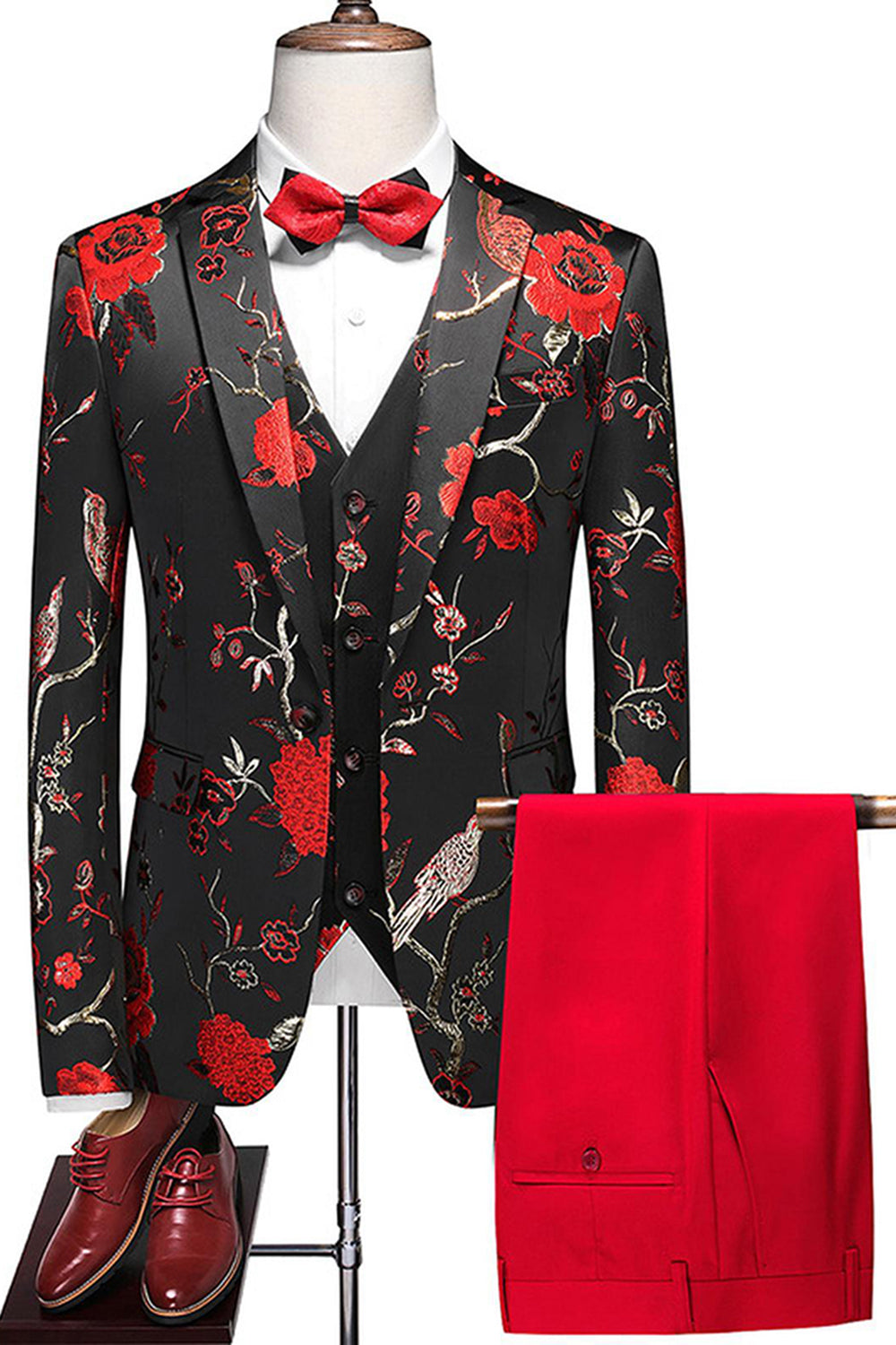 Bleu revers cranté 3 pièces Jacquard Costumes de bal pour hommes