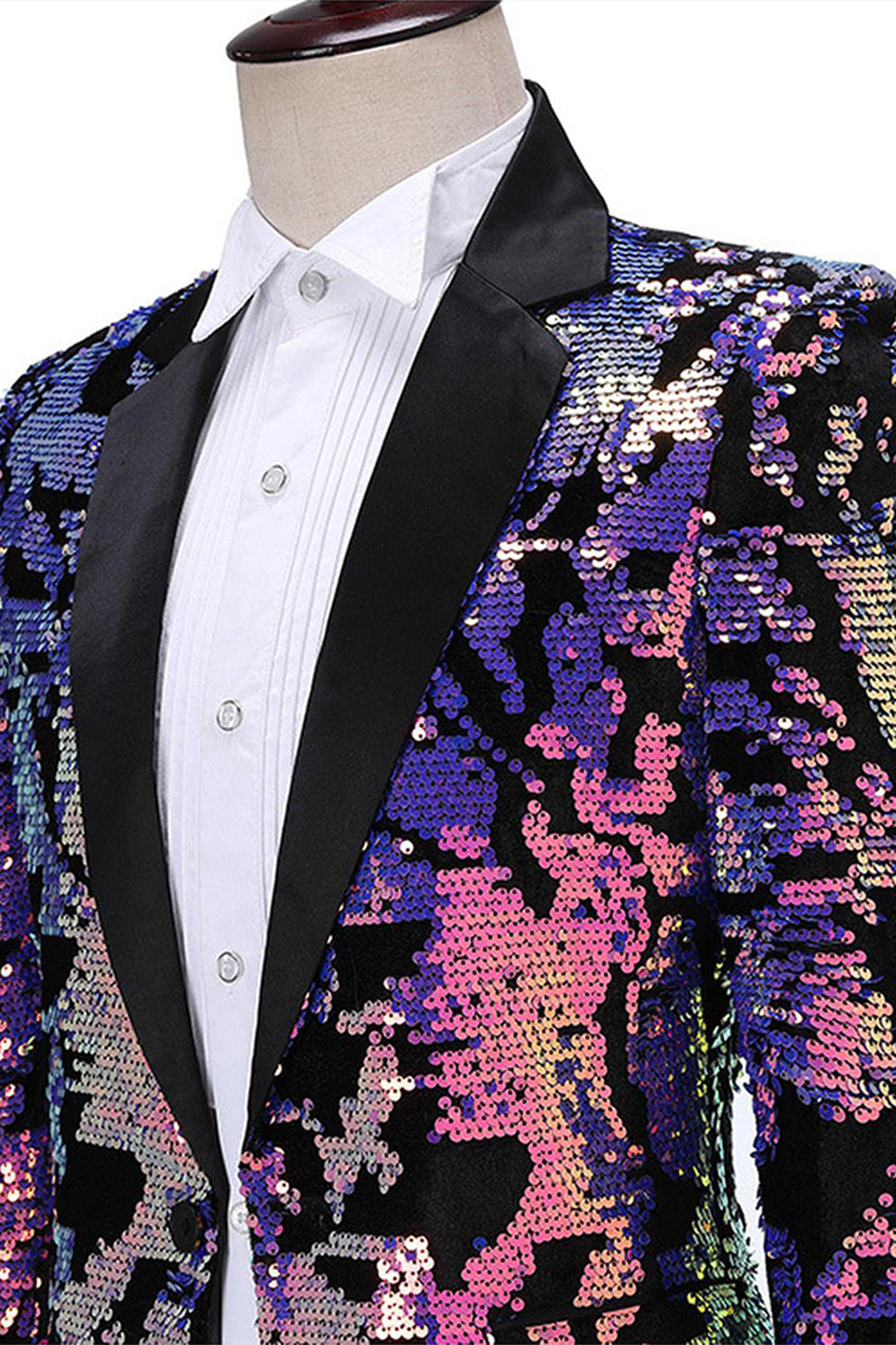 Blazer de bal à revers crantés bleu violet scintillant avec paillettes pour hommes
