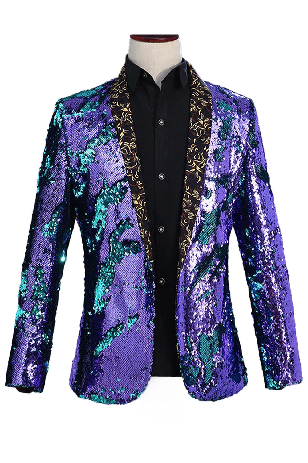 Châle scintillant revers violet et bleu Blazer de bal pour homme à paillettes