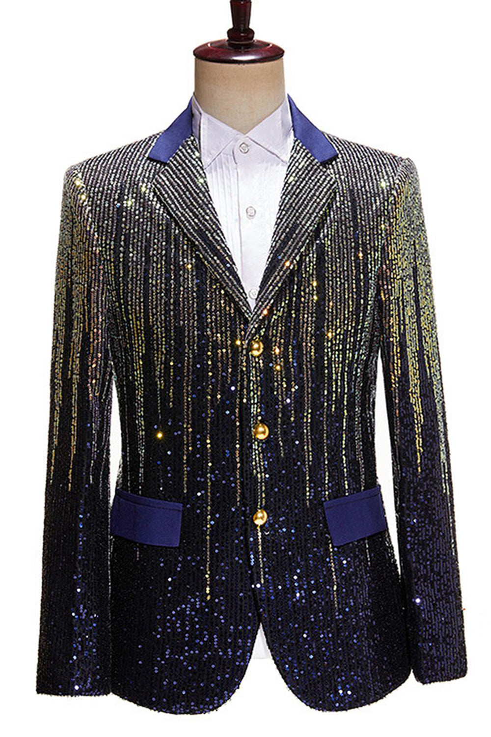 Blazer de bal noir à revers cranté à simple boutonnage avec paillettes pour hommes