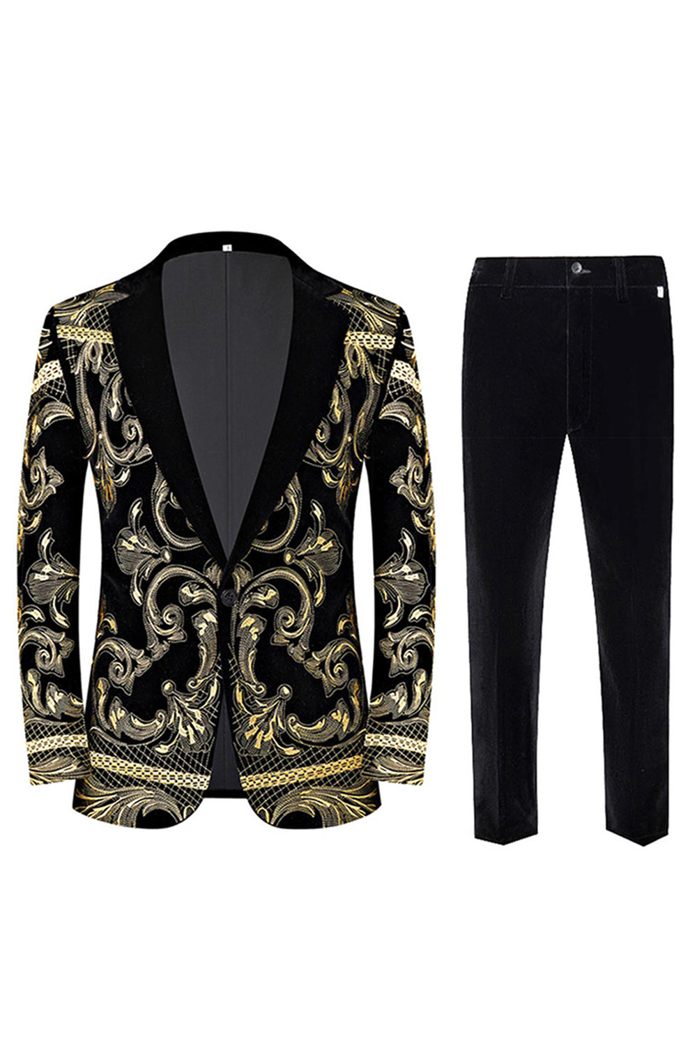 Costumes de bal 2 pièces en jacquard doré à revers crantés pour hommes