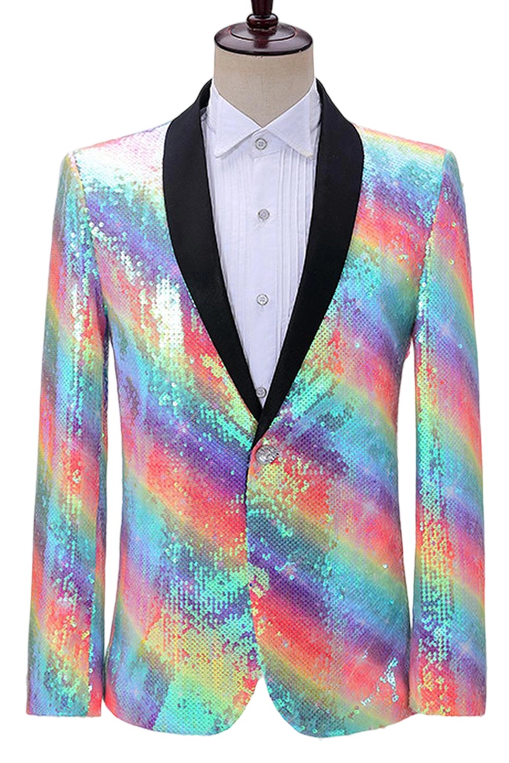 Blazer de bal pour homme scintillant à revers châle arc-en-ciel avec paillettes