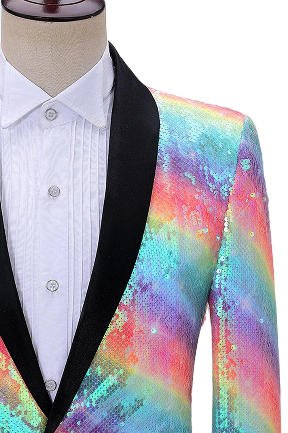 Blazer de bal pour homme scintillant à revers châle arc-en-ciel avec paillettes