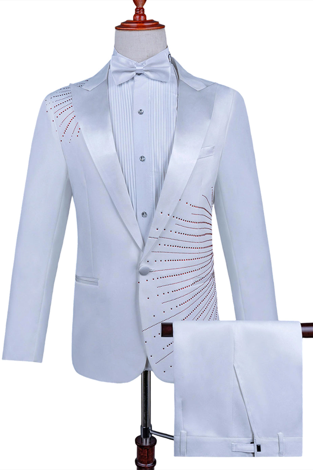 Costume 2 pièces à revers en pointe un bouton noir pour hommes avec perles