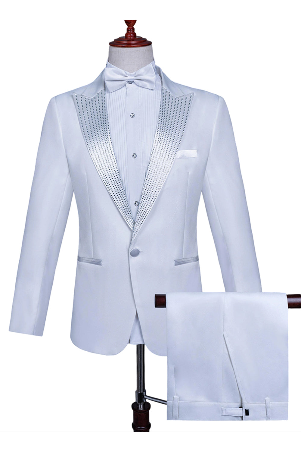 Costume de bal pour hommes 2 pièces à un bouton blanc avec perles