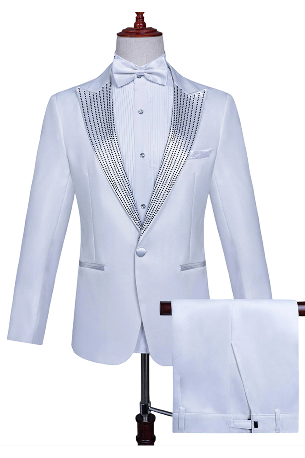 Costume de bal pour hommes 2 pièces à un bouton blanc avec perles