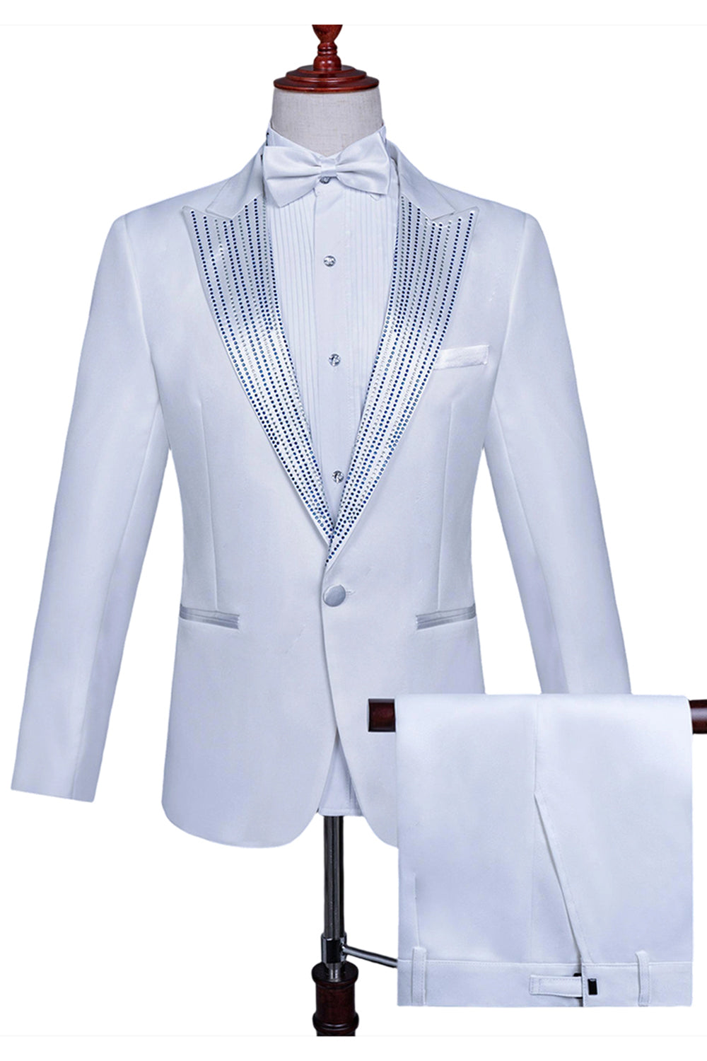 Costume de bal pour hommes 2 pièces à un bouton blanc avec perles