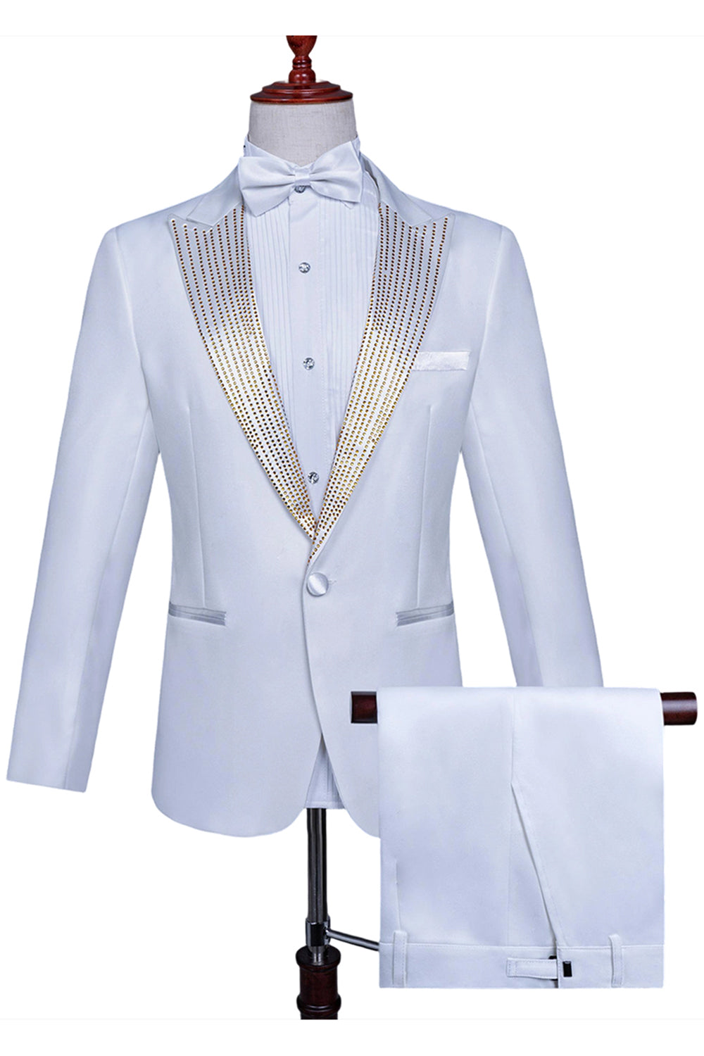 Costume de bal pour hommes 2 pièces à un bouton blanc avec perles