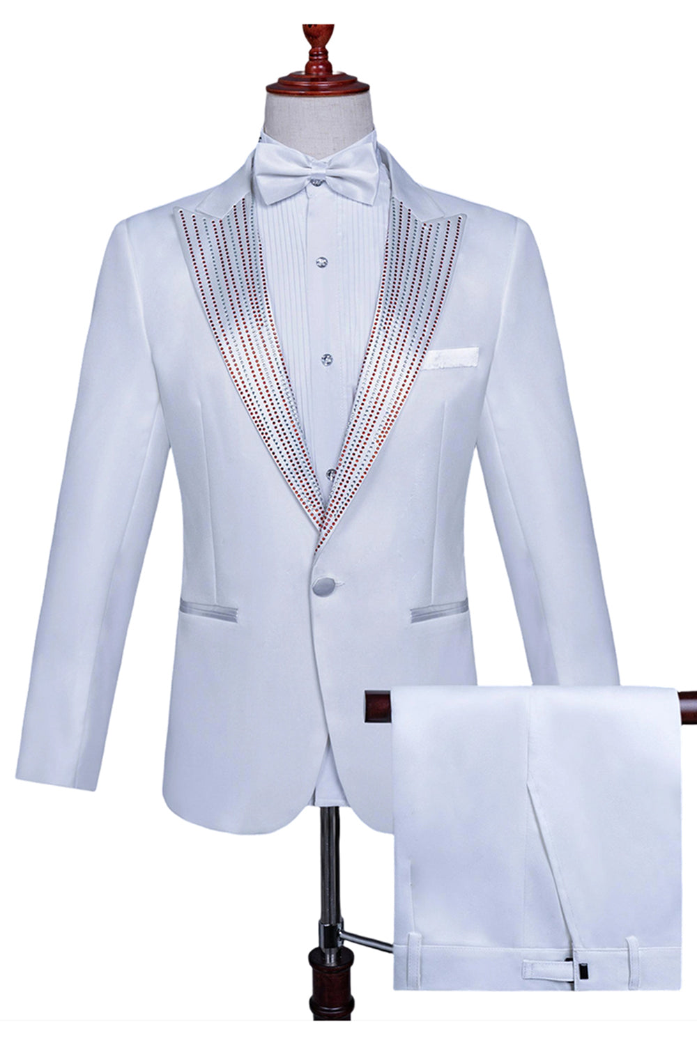Costume de bal pour hommes 2 pièces à un bouton blanc avec perles