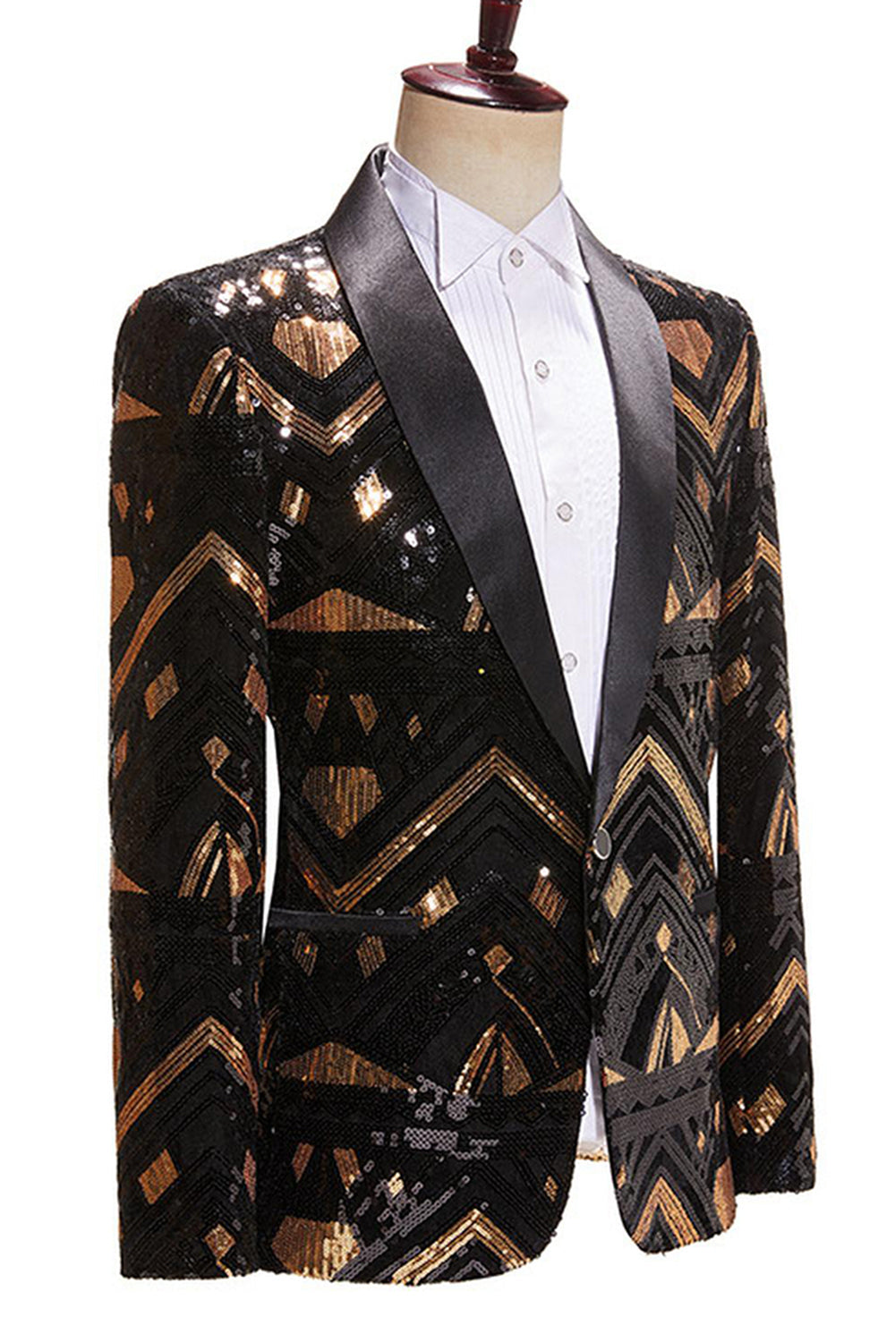 Blazer de bal à revers à sequins noirs et dorés pour hommes