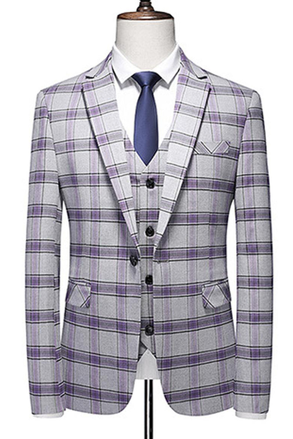 Gris violet rayé 3 pièces revers crantés costumes de bal pour hommes