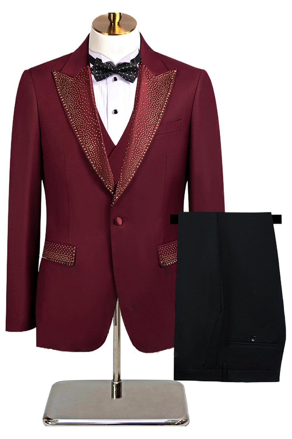 Noir Peak Lapel Perlé 3 Pièces Hommes Costumes