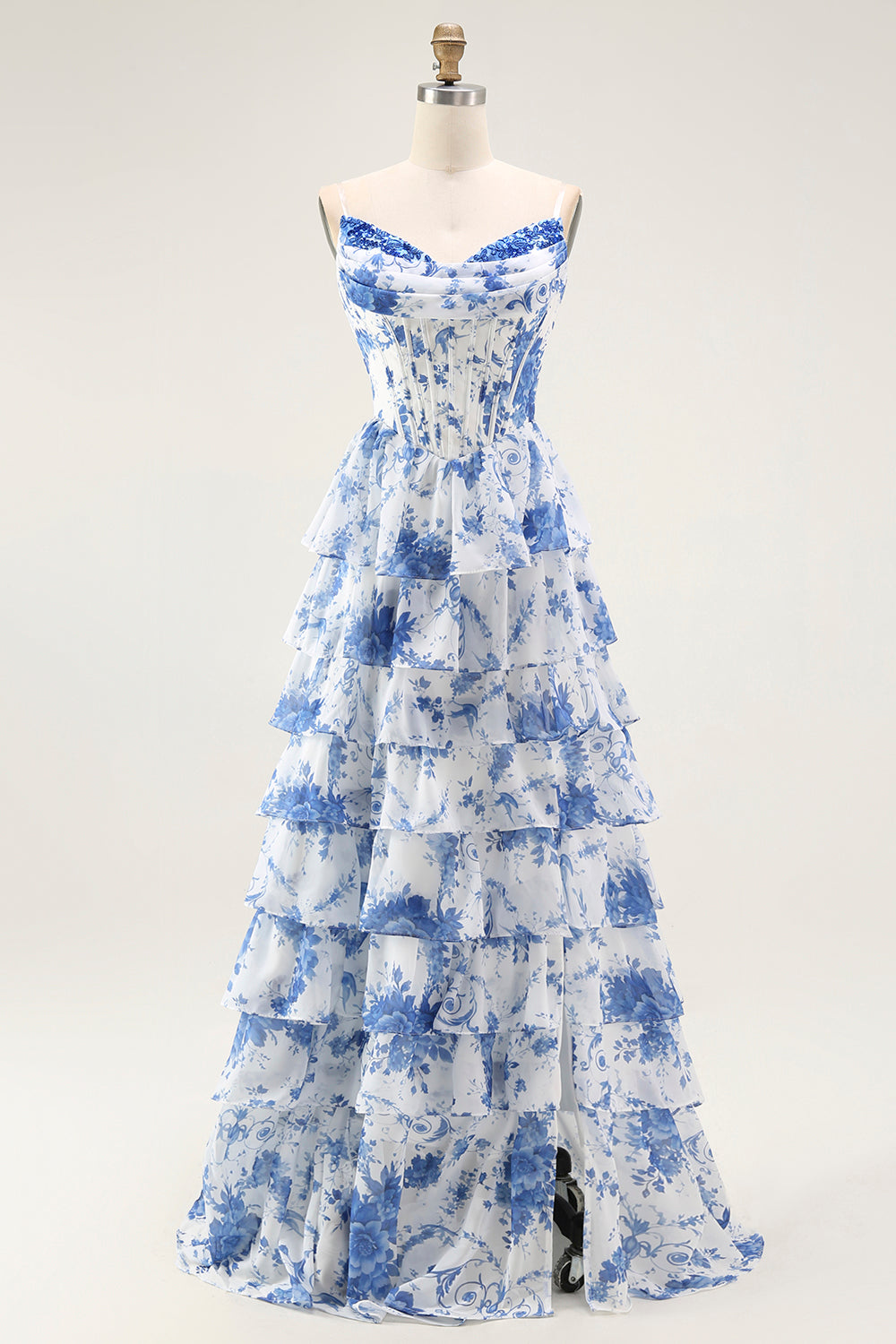 Bleu Blanc Fleur A-ligne Tiered Corset Robe Longue de soirée Avec Fente