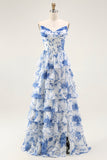 Bleu Blanc Fleur A-ligne Tiered Corset Robe Longue de soirée Avec Fente